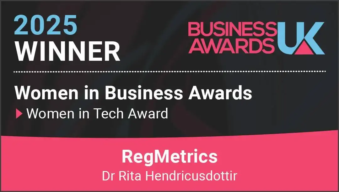 2025 Women in business award winner banner for RegMetrics and Dr. Rita Hendricusdottir